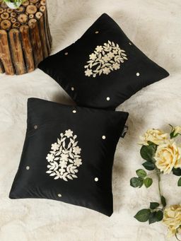 HOSTA HOMES - Black Soft Velvet Golden Foil Printed Cushion Covers (Pack of 2) (16x16 Inches)