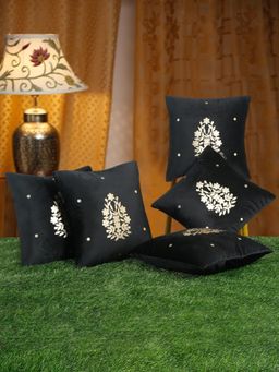 HOSTA HOMES - Black Soft Velvet Golden Foil Printed Cushion Covers (Pack of 5) (16x16 Inches)