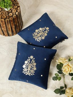HOSTA HOMES - Blue Soft Velvet Golden Foil Printed Cushion Covers (Pack of 2) (16x16 Inches)