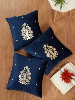 HOSTA HOMES - Blue Soft Velvet Golden Foil Printed Cushion Covers (Pack of 3) (16x16 Inches)