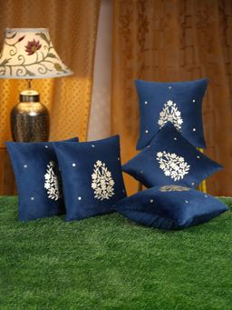 HOSTA HOMES - Blue Soft Velvet Golden Foil Printed Cushion Covers (Pack of 5) (16x16 Inches)