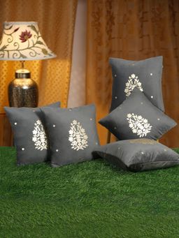 HOSTA HOMES - Grey Soft Velvet Golden Foil Printed Cushion Covers (Pack of 5) (16x16 Inches)