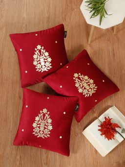 HOSTA HOMES - Maroon Soft Velvet Golden Foil Printed Cushion Covers (Pack of 3) (16x16 Inches)