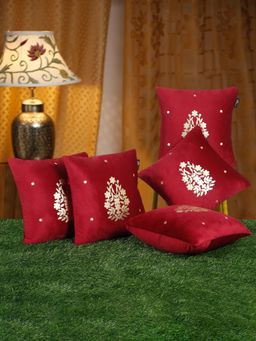 HOSTA HOMES - Maroon Soft Velvet Golden Foil Printed Cushion Covers (Pack of 5) (16x16 Inches)