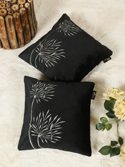 HOSTA HOMES - Black Soft Velvet Embroidered Cushion Cover (Pack of 2) (16x16 Inches)