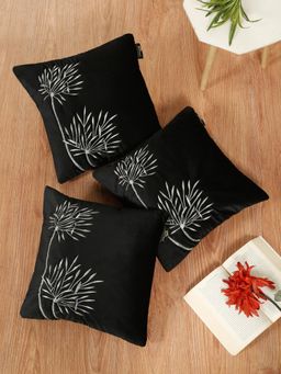 HOSTA HOMES - Black Soft Velvet Embroidered Cushion Cover (Pack of 3) (16x16 Inches)