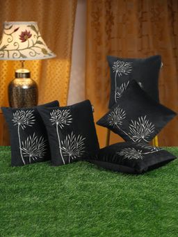 HOSTA HOMES - Black Soft Velvet Embroidered Cushion Cover (Pack of 5) (16x16 Inches)