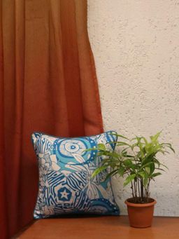 Zeba World - Blue Abstract Floral Printed Polyester Cushion Cover (12 x 12 Inches)