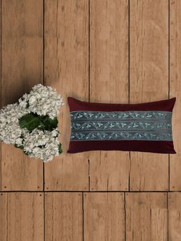 Zeba World - Maroon Jali Patchwork Embroidered Polyester Cushion Cover (12 x 22 Inches)