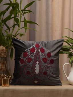 Zeba World - Grey Metalic Zari Embroidered Velvet Cushion Cover (16x16 Inches)