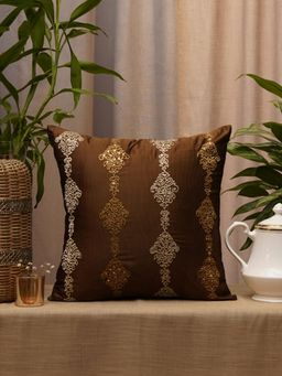Zeba World - Brown Motif Embroidered Polycotton Cushion Cover (16x16 Inches)