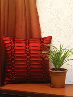 Zeba World - Red Pleated Technique Polyester Cushion Cover (16x16 Inches)