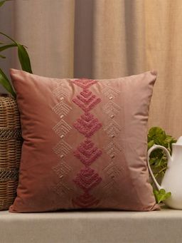 Zeba World - Peach Geometric Embroidered Velvet Cushion Cover (16x16 Inches)