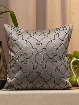 Zeba World - Grey Embroidered and Printed Polyester Cushion Cover (16x16 Inches)