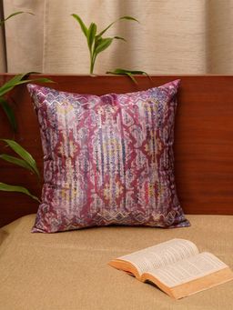 Zeba World - Pink Ikat Printed Silver Embroidered Polyester Cushion Cover (16x16 Inches)