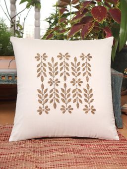 Zeba World - Cream Floral Hand Embroidered Cotton Cushion Cover (16x16 Inches)