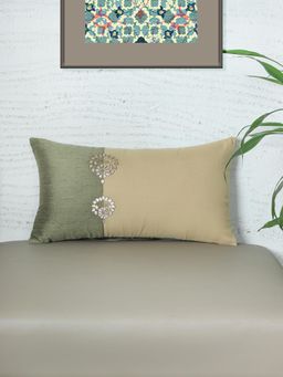 Zeba World - Olive & Beige Motif Embroidered Patchwork Polycanvas Cushion Cover (12 x 22 Inches)