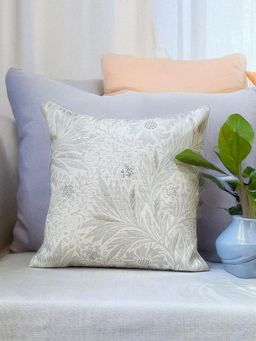 Zeba World - Off White Hand Knotted Floral Printed Polycotton Cusion Cover (16x16 Inches)