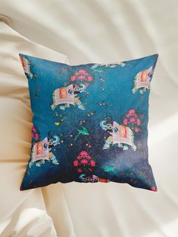 Zeba World - Blue Mughal Silver Embroidered Polycotton Cushion Cover (16x16 Inches)