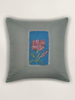 Zeba World - Grey Hand Painted Floral Design Patchwork Linen Cushion Cover (16x16 Inches)