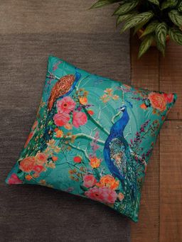 Zeba World - Green Peacock Floral Printed Polycanvas Cushion Cover (16x16 Inches)