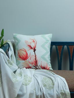 Zeba World - Blue Floral Printed Polycanvas Cushion Cover (16x16 Inches)