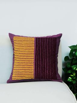 Zeba World - Purple & Yellow Stripes Embroidered Cotton Blend Cushion Cover (16x16 Inches)