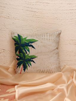 Zeba World - Beige Stitch Chain Embroidered and Printed Polycanvas Cushion Cover (16x16 Inches)