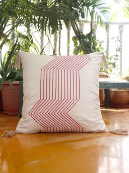 Zeba World - Cream Stripes Embroidered Polyester Cushion Cover (16x16 Inches)