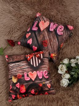 HOSTA HOMES - Love Theme Soft Velvet Cushion Covers (Pack of 2) (16x16 Inches)