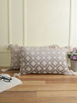 Eyda - Super Soft Grey Color Set Of 2 Embroidered Cushion Cover-12X20 Inch