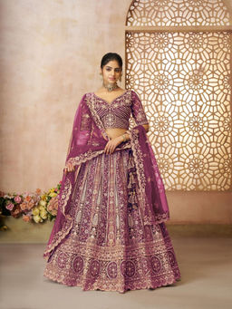 Odette - Dark Purple Soft Net Embroidered Semi-Stitched Lehenga Choli with Dupatta (Set of 3)