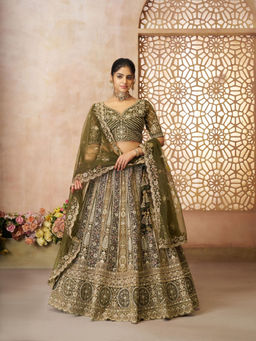 Odette - Olive Soft Net Embroidered Semi-Stitched Lehenga Choli with Dupatta (Set of 3)