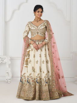 Odette - Off White Silk Blend Embroidered Semi-Stitched Lehenga Choli with Dupatta (Set of 3)