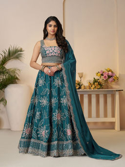 Odette - Teal Blue Silk Blend Embroidered Semi-Stitched Lehenga Choli with Dupatta (Set of 3)
