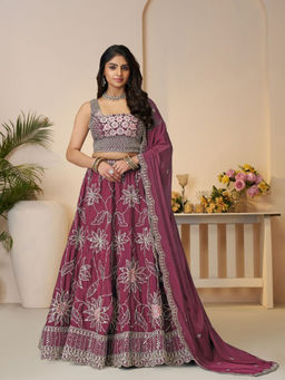 Odette - Dark Purple Silk Blend Embroidered Semi-Stitched Lehenga Choli with Dupatta (Set of 3)