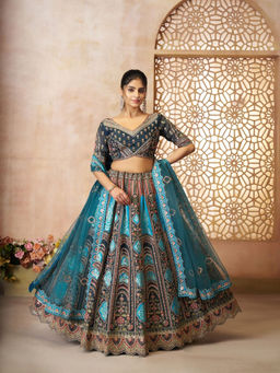 Odette - Blue Banarasi Silk Embroidered Semi-Stitched Lehenga Choli with Dupatta (Set of 3)