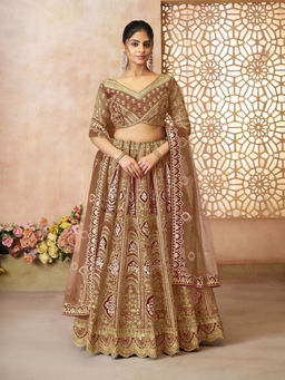 Odette - Brown Banarasi Silk Embroidered Semi-Stitched Lehenga Choli with Dupatta (Set of 3)