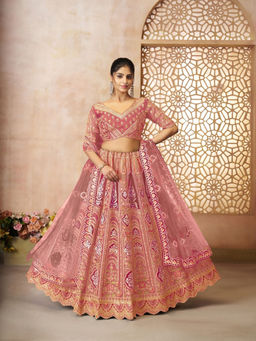 Odette - Pink Banarasi Silk Embroidered Semi-Stitched Lehenga Choli with Dupatta (Set of 3)