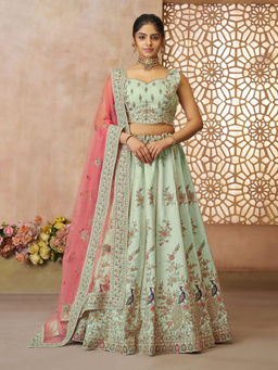 Odette - Sea Green Silk Blend Embroidered Semi-Stitched Lehenga Choli with Dupatta (Set of 3)