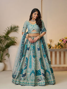 Odette - Sky Blue Banarasi Silk Embroidered Semi-Stitched Lehenga Choli with Dupatta (Set of 3)