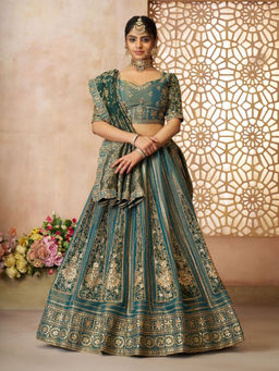 Odette - Green Tissue Embroidered Semi-Stitched Lehenga Choli with Dupatta (Set of 3)