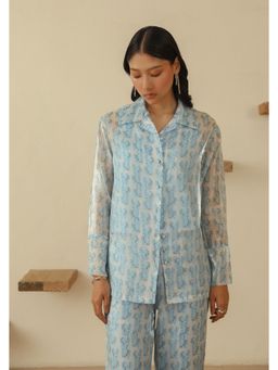Muvazo - Blue Organza Printed Regular Top