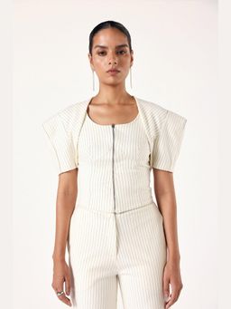 Muvazo - Beige Polyester Stripes Tailored Top