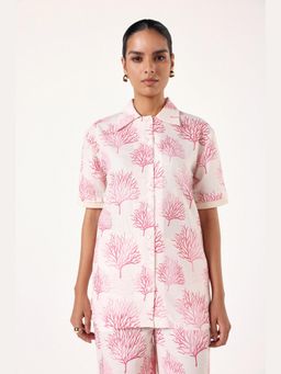 Muvazo - Pink Linen Printed Relaxed Shirt