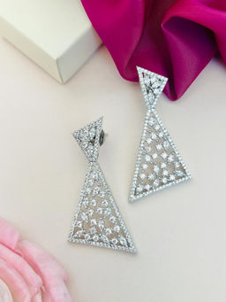 Abdesigns - Silver Plated White American Diamond Studded Drop Earrings
