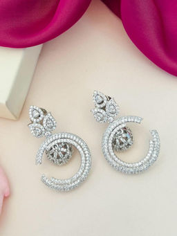 Abdesigns - Silver Plated White American Diamond Studded Drop Earrings