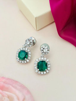 Abdesigns - Silver Plated White & Green American Diamond Studded Drop Earrings