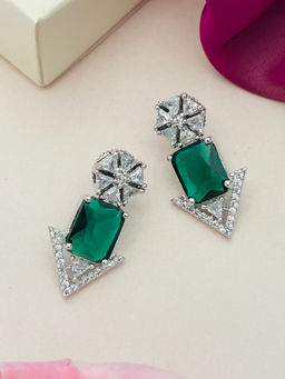 Abdesigns - Silver Plated Green & White American Diamond Studded Studs
