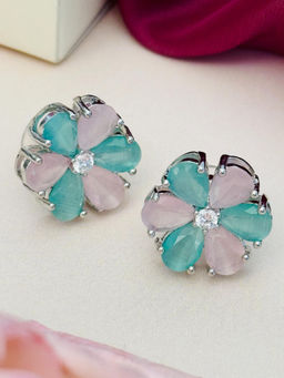 Abdesigns - Silver Plated Pink & Green American Diamond Studs